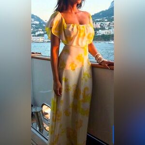 Amanda Uprichard Delilah Yellow Silk Off The Shoulder Fit Flare Long Dress XS